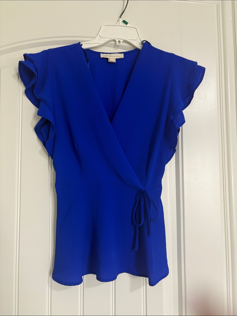 Monteau Royal Blue Wrap Blouse with Ruffle Sleeves